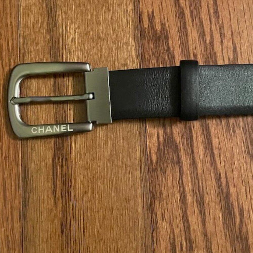 CHANEL Black Leather Belt with Silver Buckle